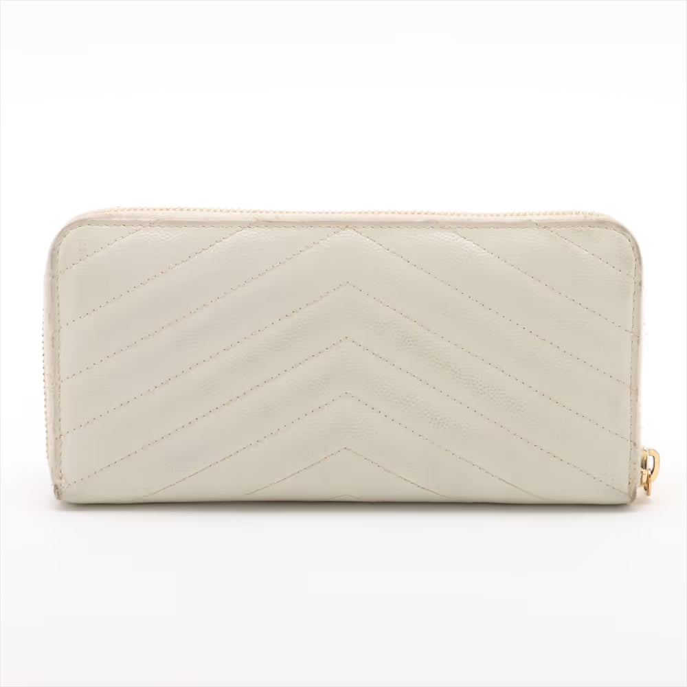 YSL Leather Round Zip Wallet White