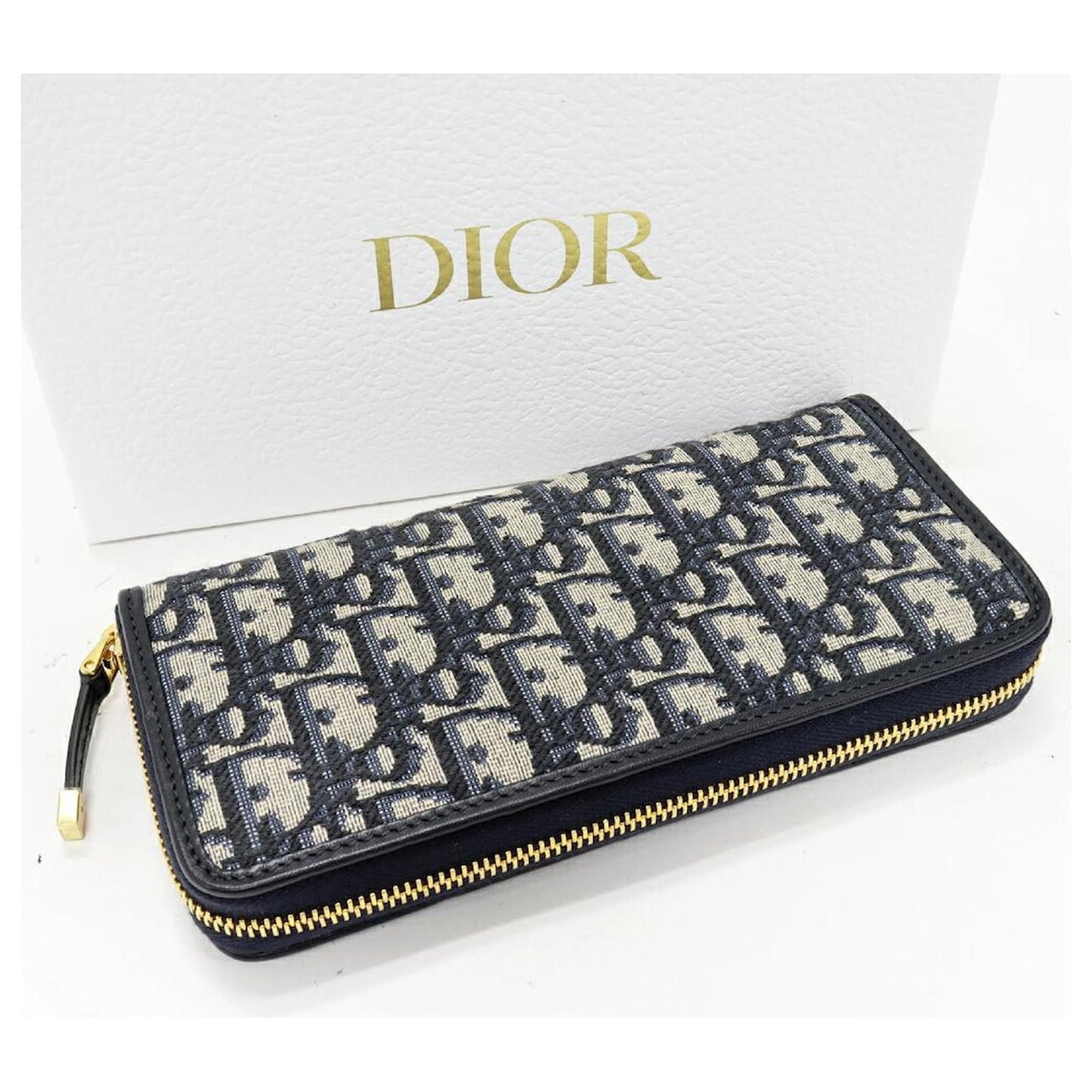 Dior Canvas Calf Round Zip Long Wallet Navy Beige Blue