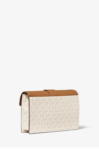 Michael Michael Kors Medium Logo and Leather Convertible Crossbody Bag in a brown color palette.
