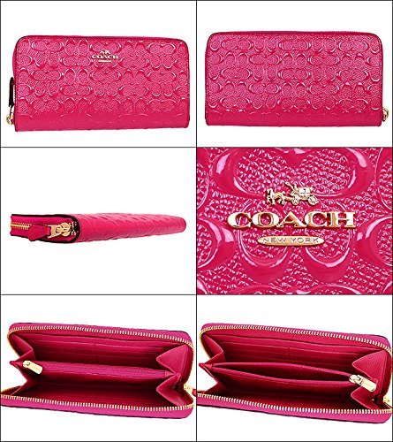 Coach Signature Pink Debossed Patent Leather Accordion Zip Long Wallet