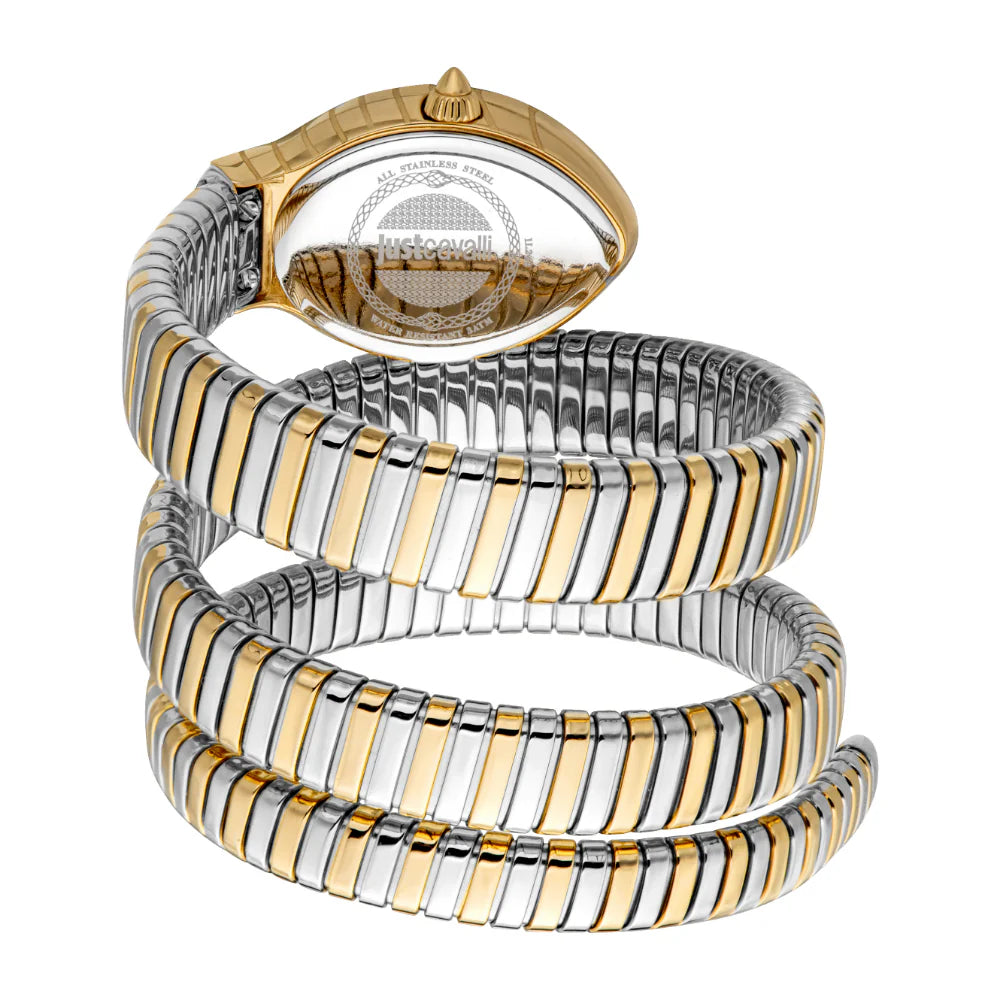Just Cavalli Snake Shape Women's Gold Color Watch Dark Green Dial And Two Tone Silver & Gold Color Metal Bracelet