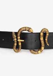 Gucci black leather belt featuring a textured gold-tone brass snake buckle.