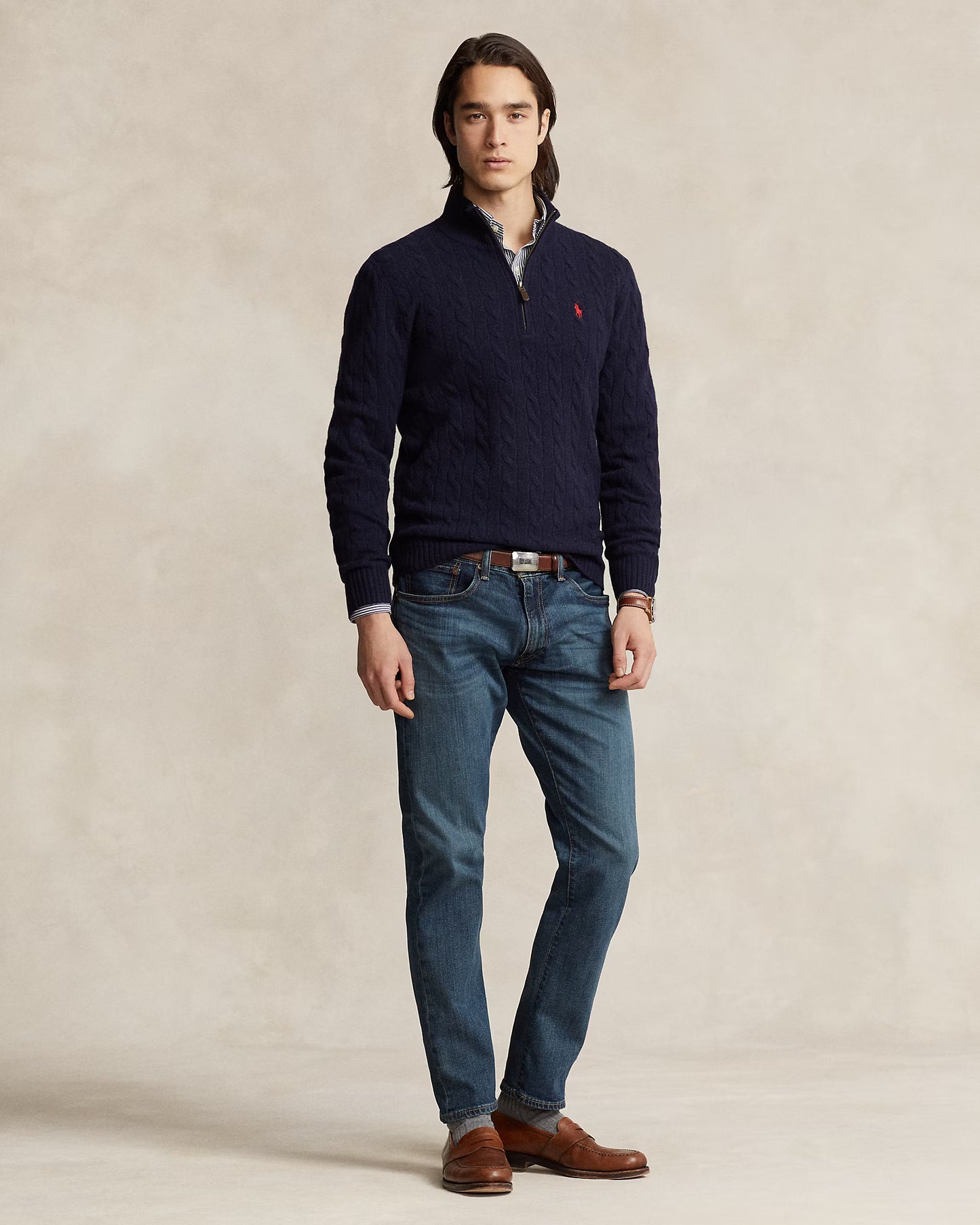 Polo Ralph Lauren Cable-Knit Quarter-Zip Jumper in Hunter Navy