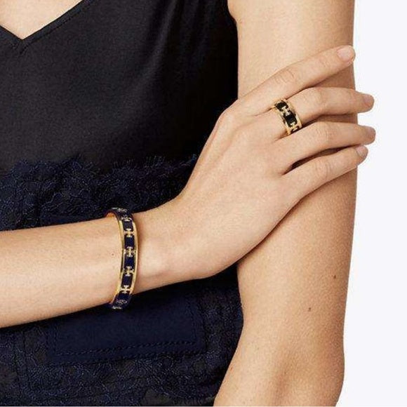 TORY BURCH Black Enamel Raised Logo Ring