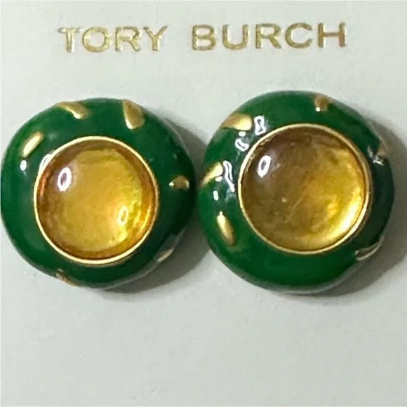 Tory Burch Green and Gold Roxanne Stud Earrings