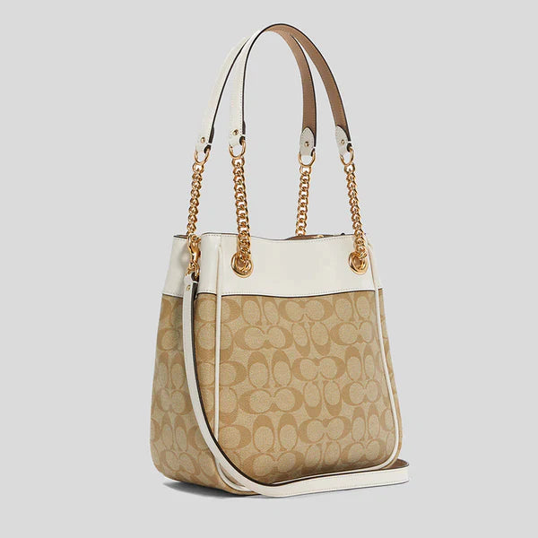 Coach Cammie Chain Bucket Bag In Signature Canvas Light Khaki/Chalk