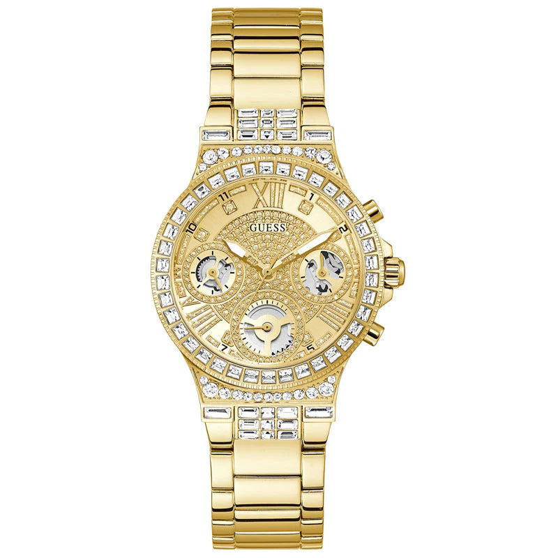 Guess Moonlight Multi Function Diamonds Gold Dial Gold Steel Strap Watch For Women - GW0320L2