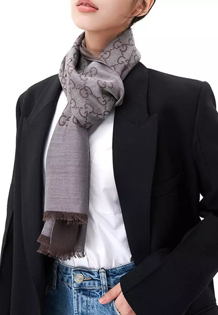 Gucci GG Logo Wool Silk Scarf in Dark Grey