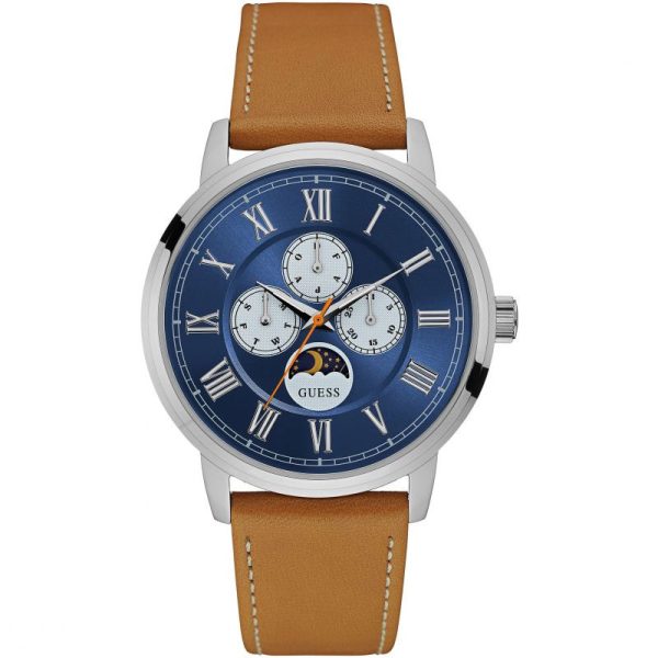 Guess Men’s Quartz Brown Leather Strap Blue Dial 44mm Watch W0870G4