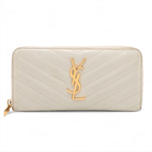YSL Leather Round Zip Wallet White