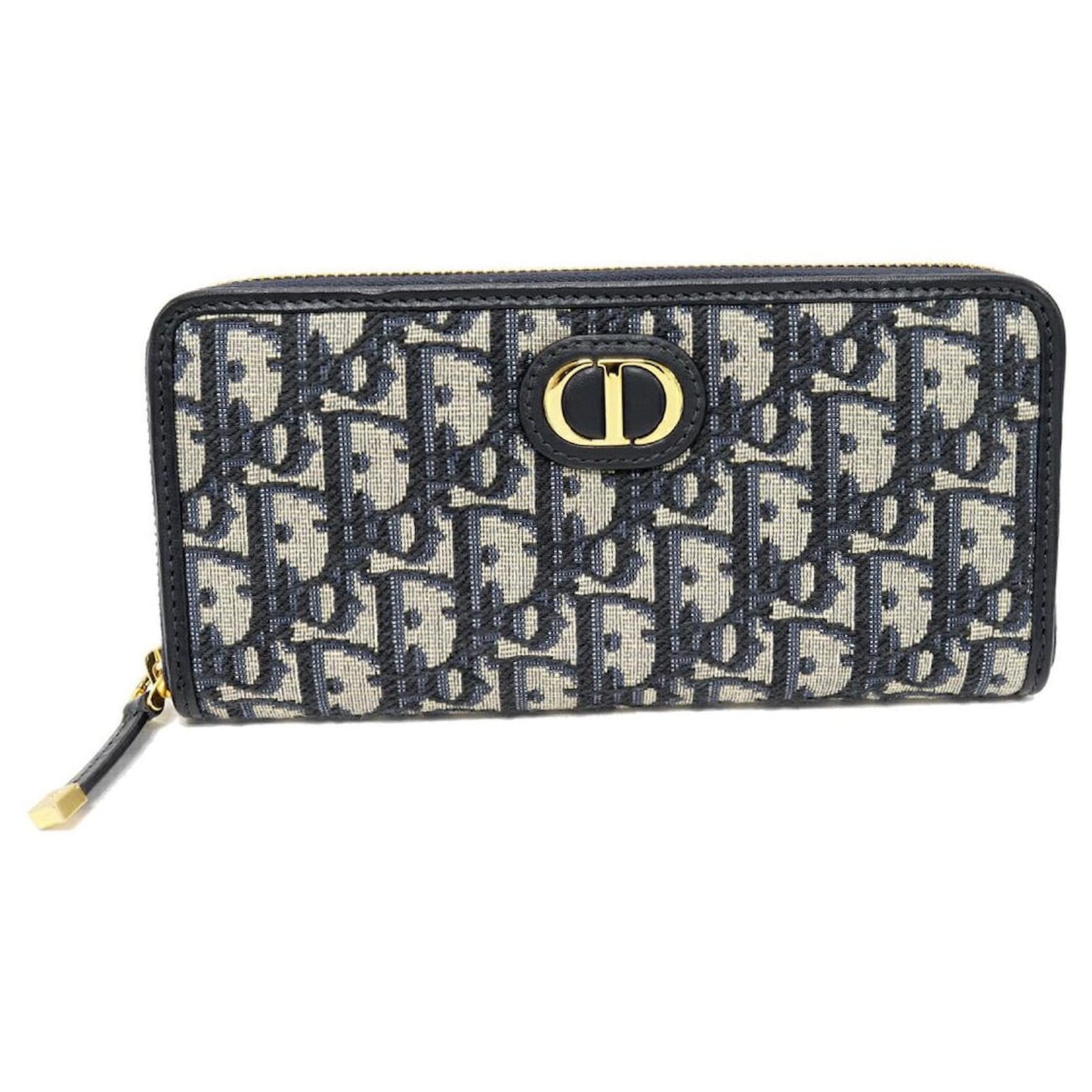 Dior Canvas Calf Round Zip Long Wallet Navy Beige Blue