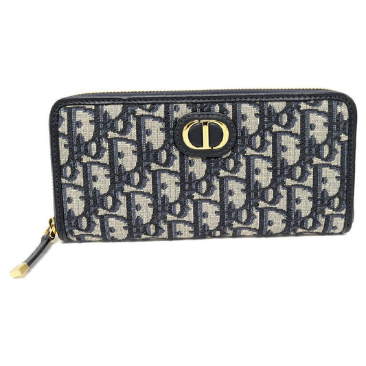 Dior Canvas Calf Round Zip Long Wallet Navy Beige Blue