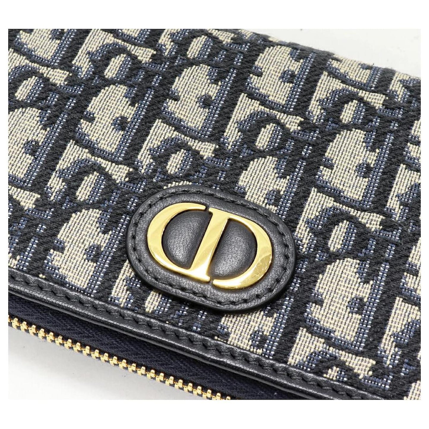 Dior Canvas Calf Round Zip Long Wallet Navy Beige Blue
