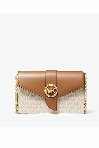 Michael Michael Kors Medium Logo and Leather Convertible Crossbody Bag in a brown color palette.