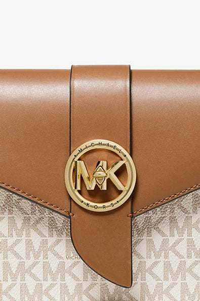 Michael Michael Kors Medium Logo and Leather Convertible Crossbody Bag in a brown color palette.