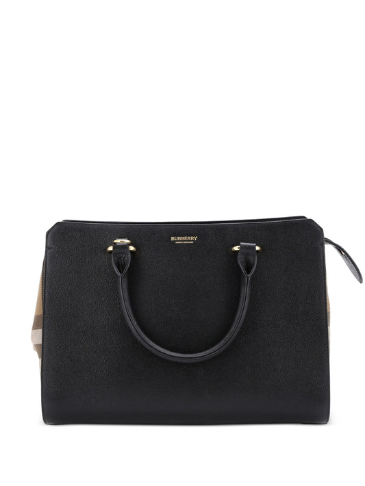 BURBERRY Banwell Leather and House Check Canvas Small tote bag