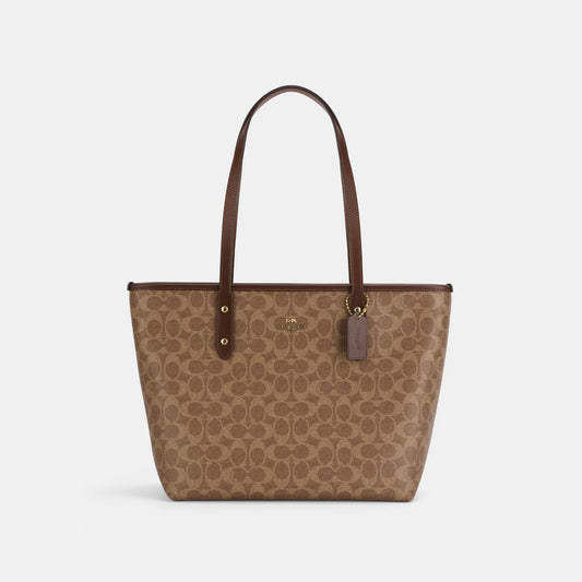 Coach City Zip Tote Artificial Leather Tote Bag Shopping Bag Handbag Shoulder Bag Women's Khaki