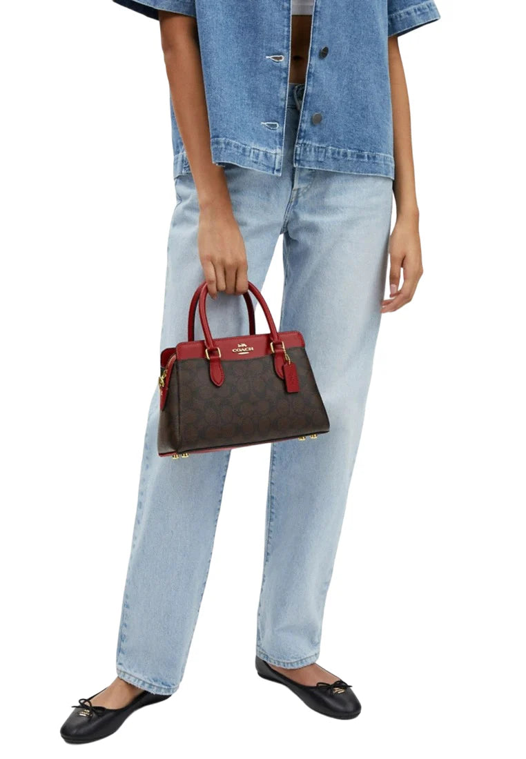 Coach Mini Darcie Carryall In Signature Canvas - Dark Brown/Red