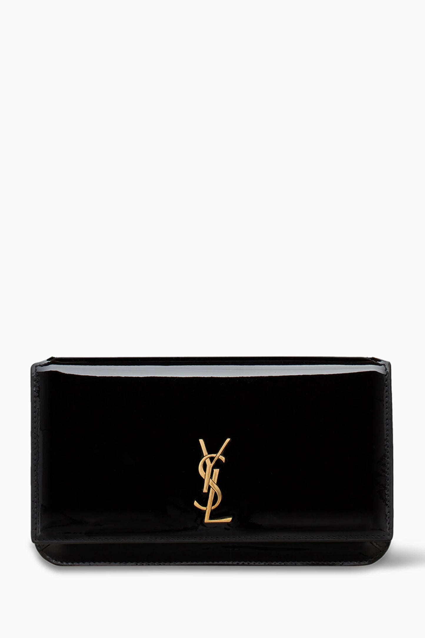 YSL SAINT LAURENT Cassandre Phone Holder with Strap in Patent Leather