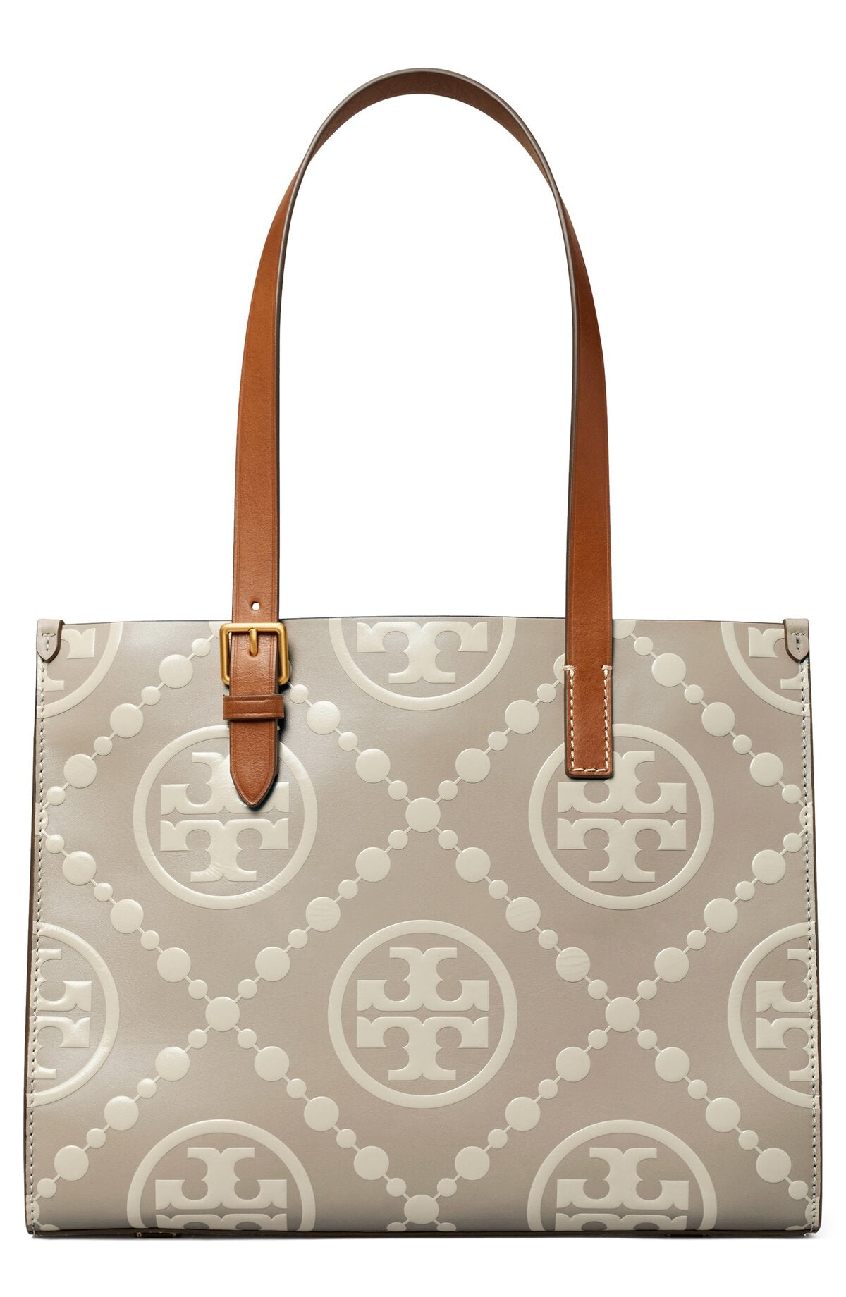 Small T Monogram Contrast Embossed Tote - Longan / New Cream