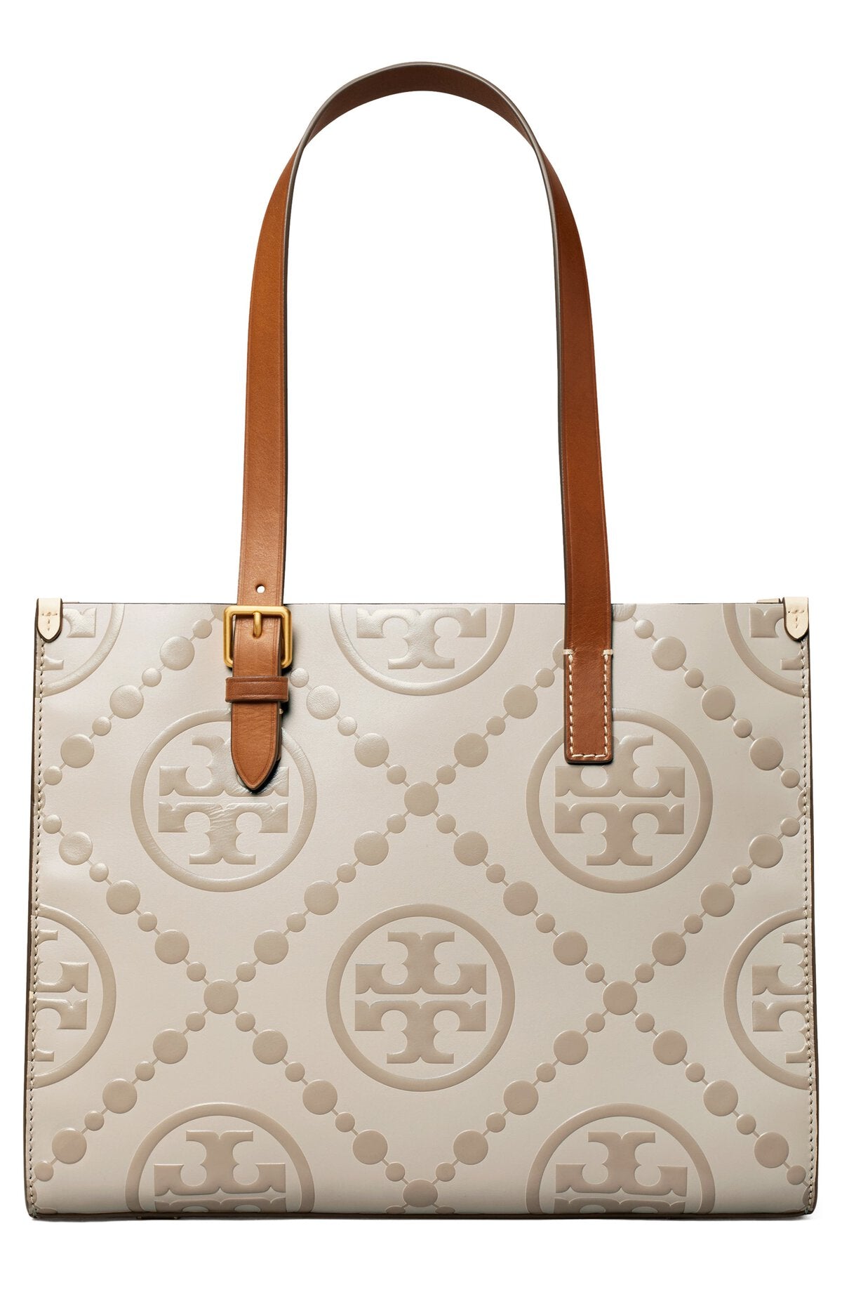 Small T Monogram Contrast Embossed Tote - Longan / New Cream