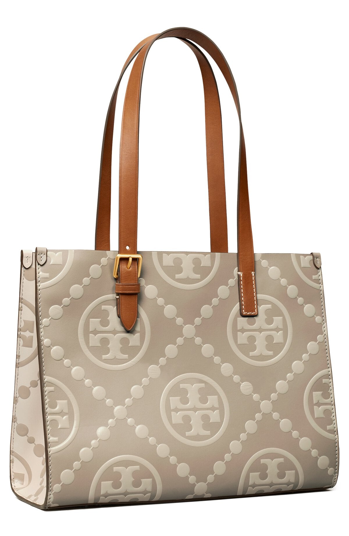 Small T Monogram Contrast Embossed Tote - Longan / New Cream