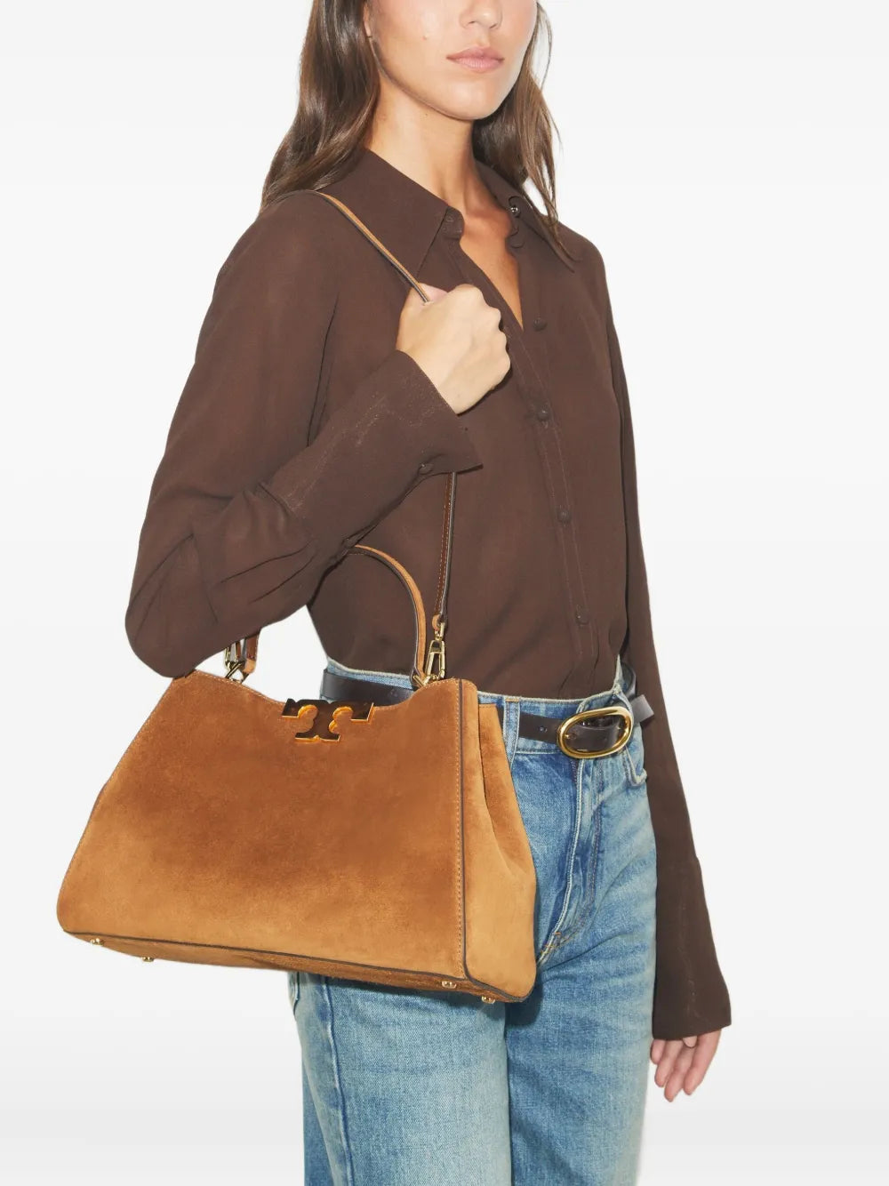 Tory Burch Eleanor satchel bag in caramel brown suede