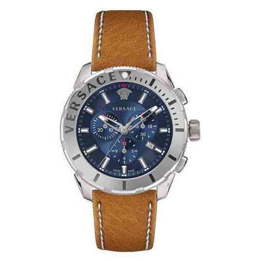 Versace Men’s Quartz Swiss Made Brown Leather Strap Blue Dial 48mm Watch VERG00218