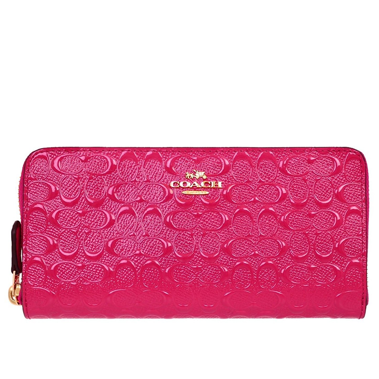 Coach Signature Pink Debossed Patent Leather Accordion Zip Long Wallet