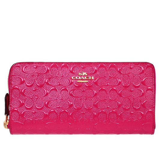 Coach Signature Pink Debossed Patent Leather Accordion Zip Long Wallet