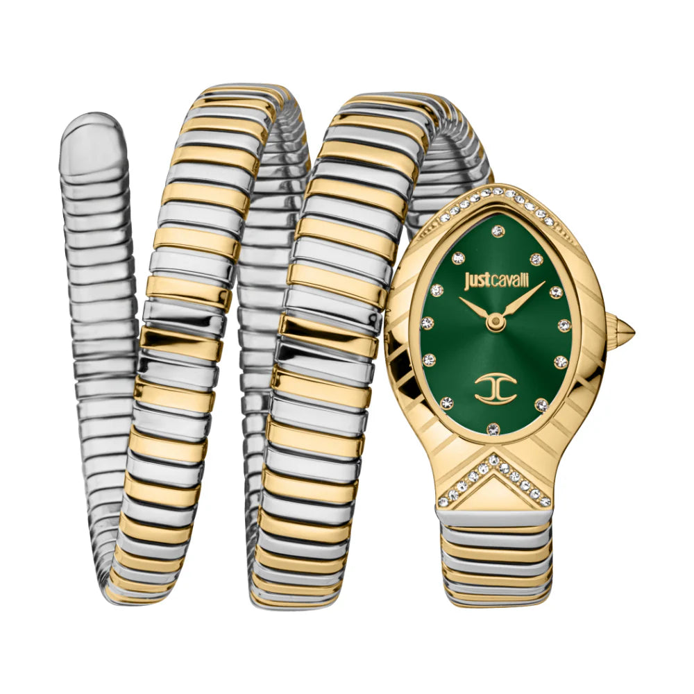 Just Cavalli Snake Shape Women's Gold Color Watch Dark Green Dial And Two Tone Silver & Gold Color Metal Bracelet