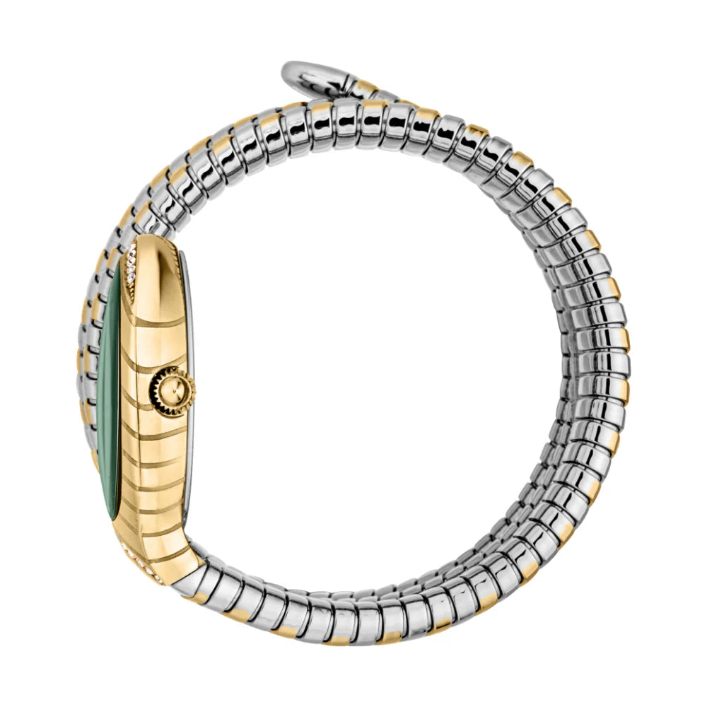 Just Cavalli Snake Shape Women's Gold Color Watch Dark Green Dial And Two Tone Silver & Gold Color Metal Bracelet
