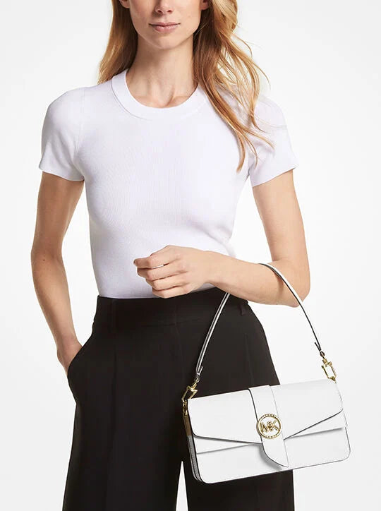 Michael Kors Greenwich Medium Saffiano Leather Shoulder Bag in Optic White