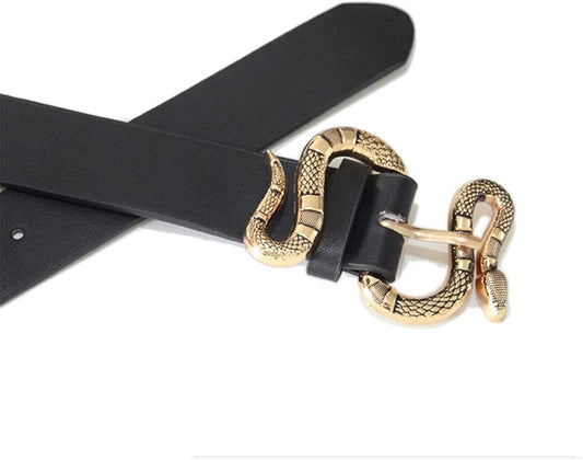 Gucci black leather belt featuring a textured gold-tone brass snake buckle.