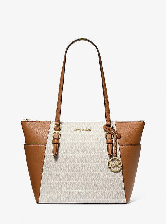 Michael Kors Charlotte Large Logo and Leather Top-Zip Tote Bag