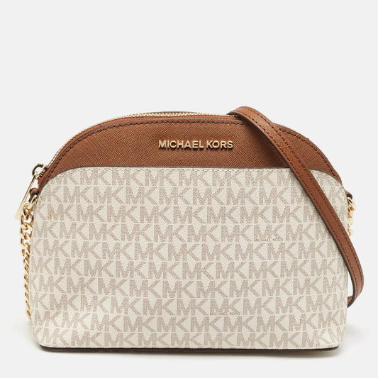 Michael Kors White/Brown Signature Coated Canvas and Leather Jet Set Travel