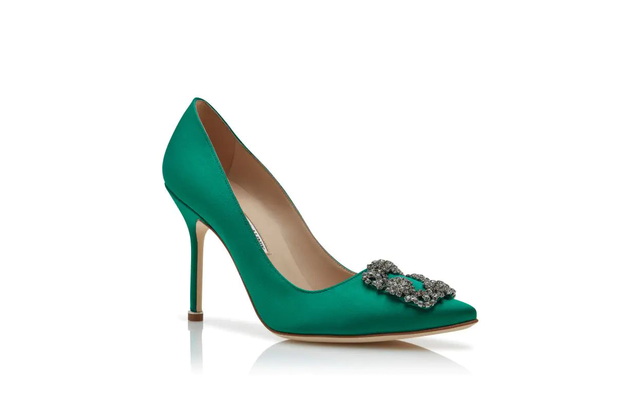 Manolo Blahnik HANGISI Green Satin Jewel Buckle Pumps
