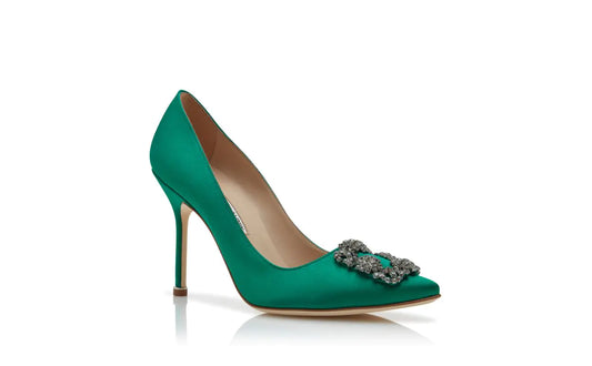 Manolo Blahnik HANGISI Green Satin Jewel Buckle Pumps