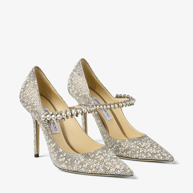 JIMMY CHOO  Baily 100 Ballet Pink Suede Mary Jane Pumps with Crystal and Pearl Embellishment
