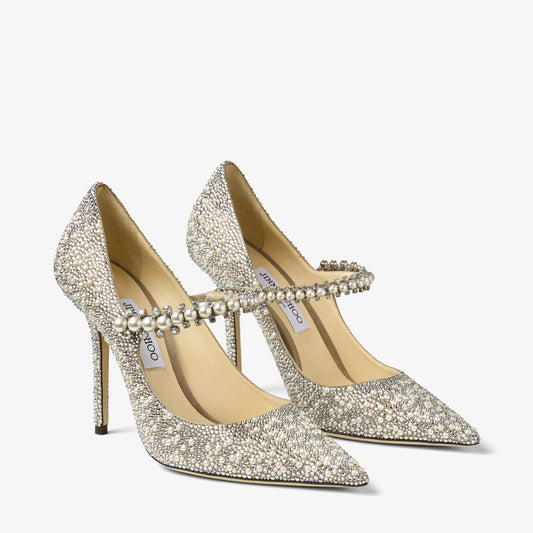 JIMMY CHOO  Baily 100 Ballet Pink Suede Mary Jane Pumps with Crystal and Pearl Embellishment