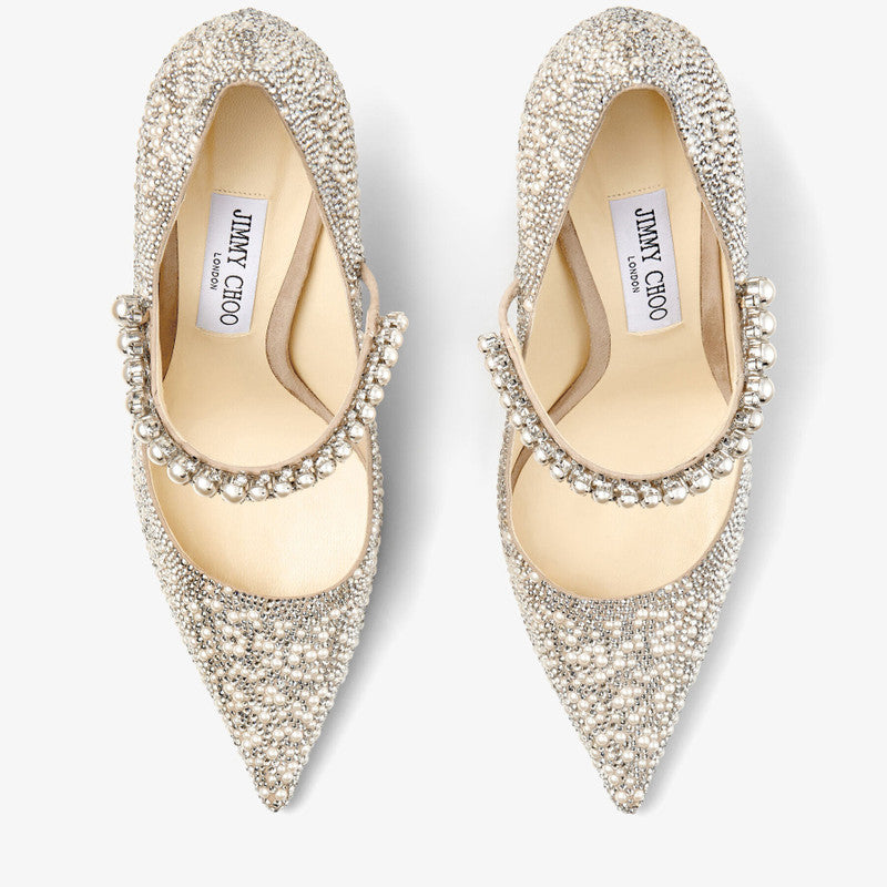 JIMMY CHOO  Baily 100 Ballet Pink Suede Mary Jane Pumps with Crystal and Pearl Embellishment