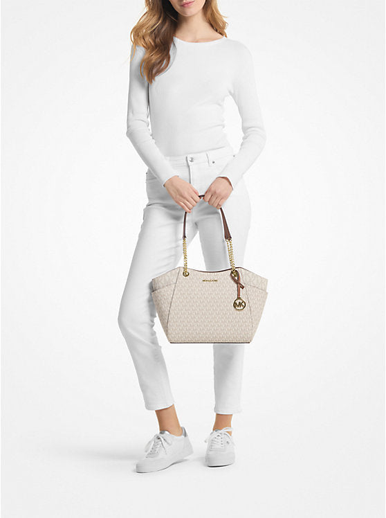 Michael Kors Jet Set Large Signature Logo Shoulder Bag in Vanilla