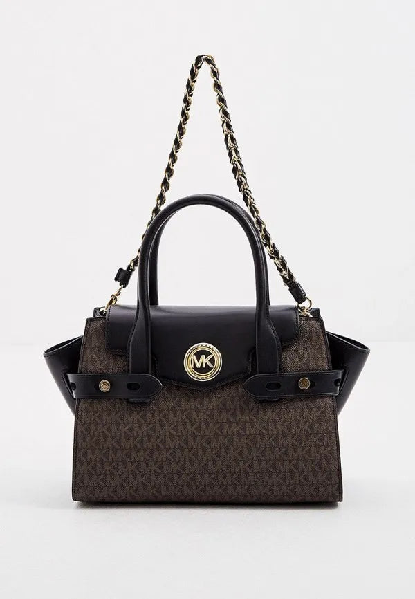 Michael Kors Carmen small flap satchel in brown/acorn signature logo coated canvas and black leather