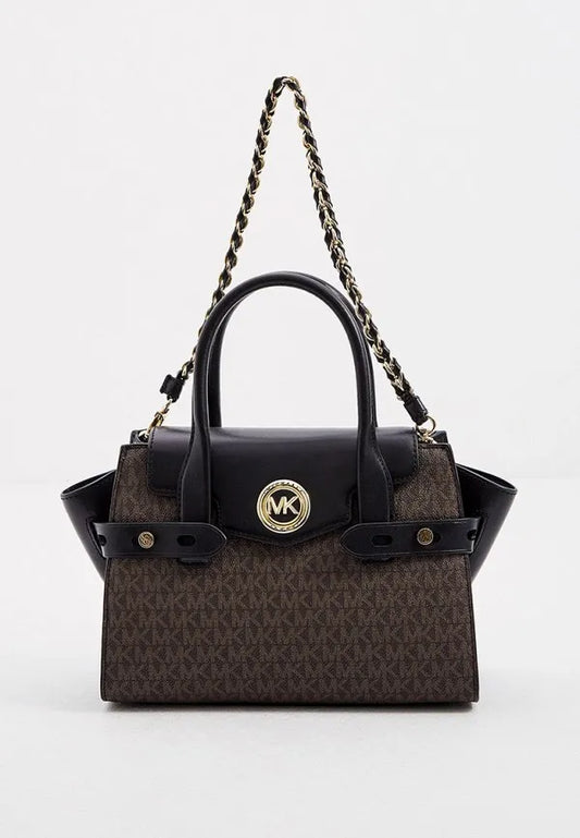 Michael Kors Carmen small flap satchel in brown/acorn signature logo coated canvas and black leather