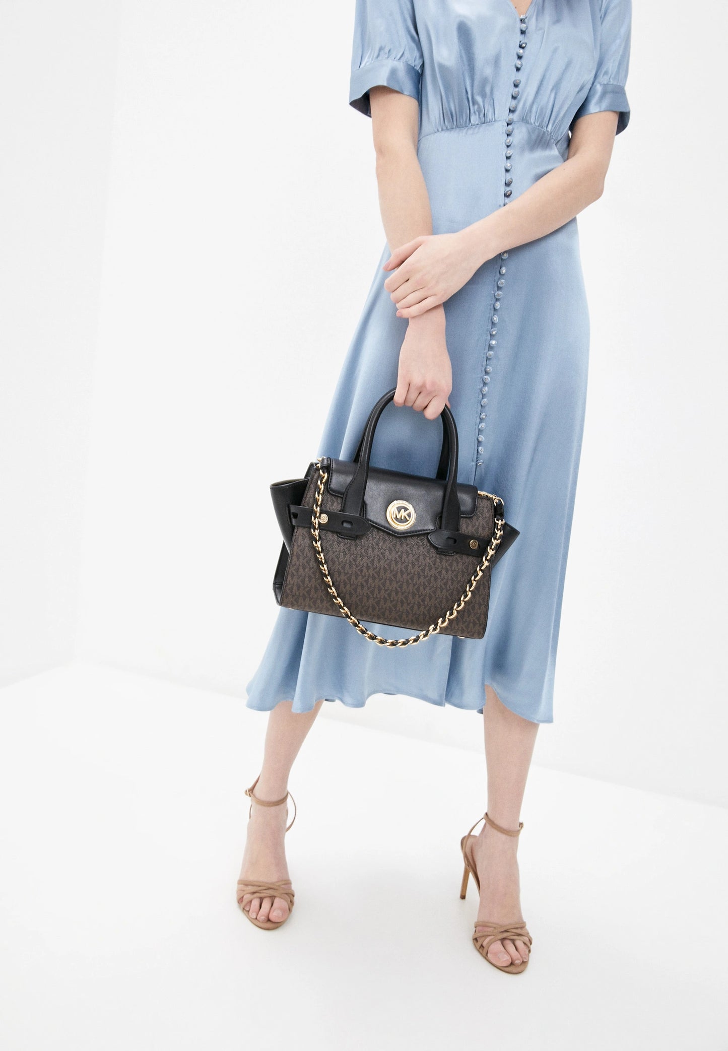 Michael Kors Carmen small flap satchel in brown/acorn signature logo coated canvas and black leather