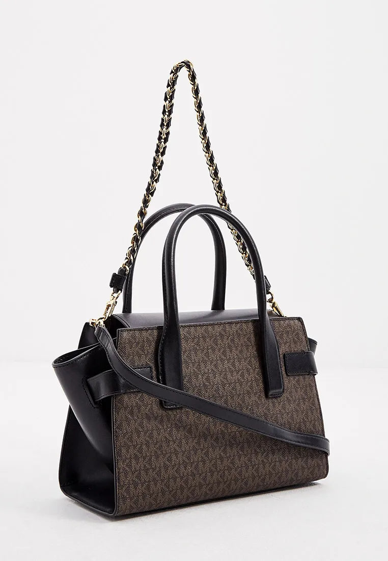 Michael Kors Carmen small flap satchel in brown/acorn signature logo coated canvas and black leather
