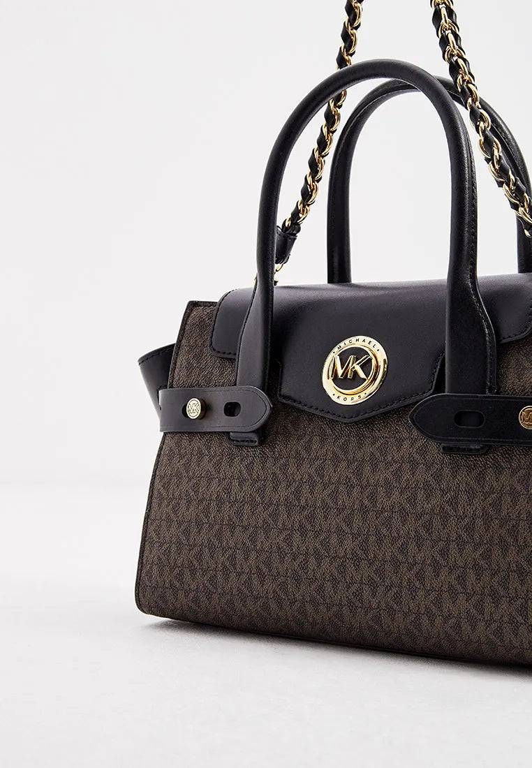 Michael Kors Carmen small flap satchel in brown/acorn signature logo coated canvas and black leather