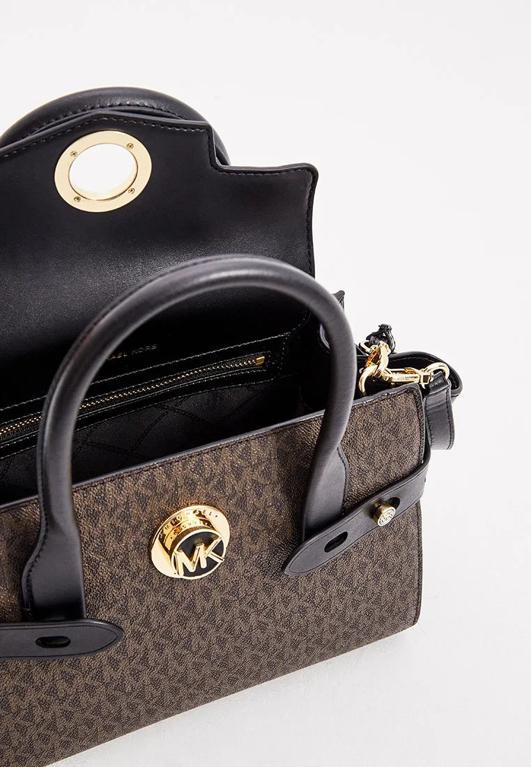 Michael Kors Carmen small flap satchel in brown/acorn signature logo coated canvas and black leather