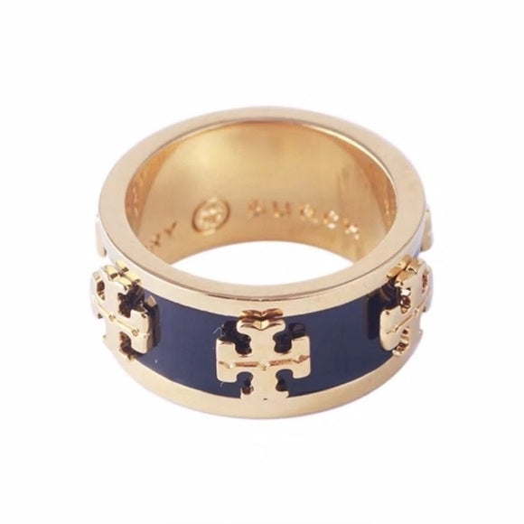 TORY BURCH Black Enamel Raised Logo Ring