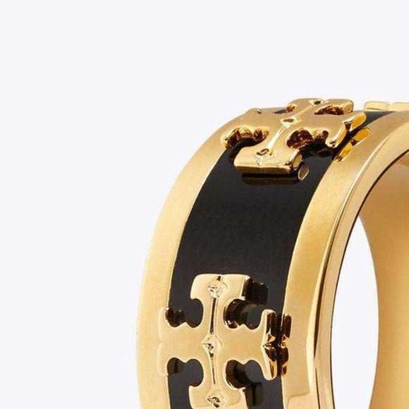 TORY BURCH Black Enamel Raised Logo Ring